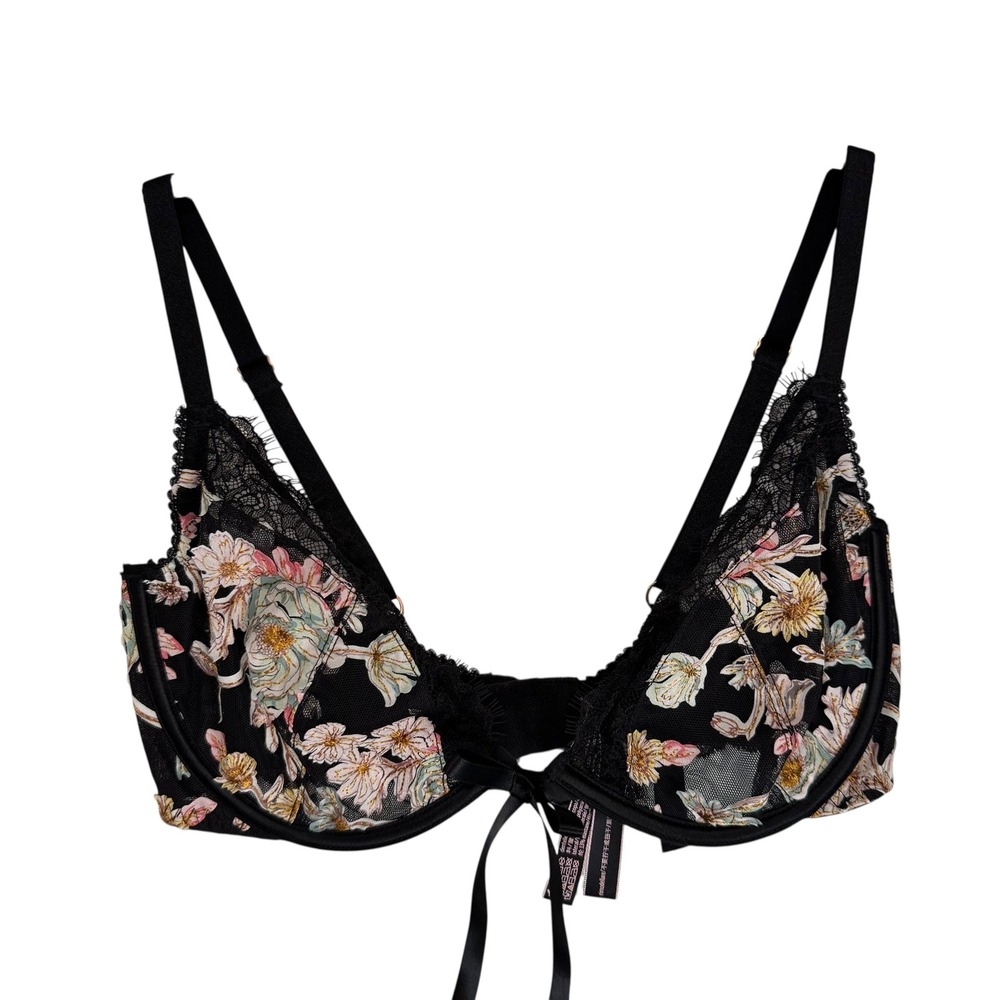 Victorias Secret Dream Angels Low Cut Demi Bra 34DD Black Floral Gold Embroidery